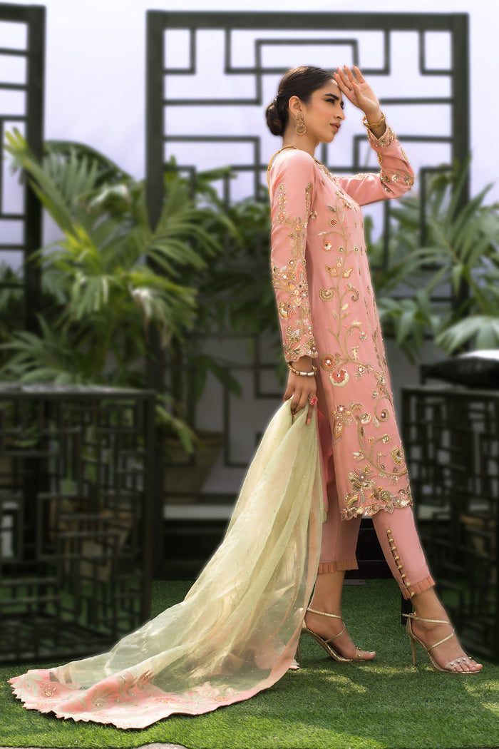 Wahaj M.Khan | Nureh Wedding Formals | Pink and Mint Green Straight Shirt and Pant