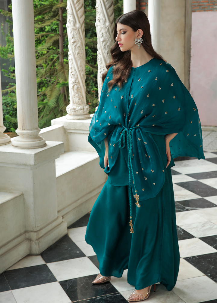 Purple Haze Pret Studio | Apsara Formals | Deep Turquoise Organza Wrap Outfit - Pakistani Clothes for women, in United Kingdom and United States