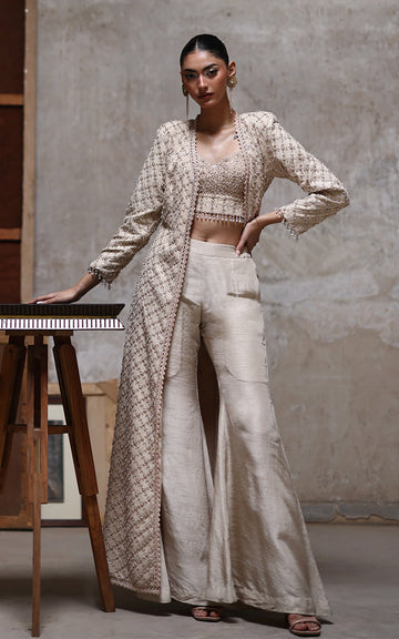Threads and Motifs | Formal Dresses 25 | Net Embroidered Jacket With Embroidered Blouse And Trouser
