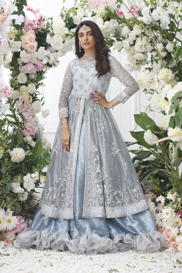 Wahajmkhan | Eden wedding Formals | ICE BLUE ANARKALI WITH FRILL LENGA