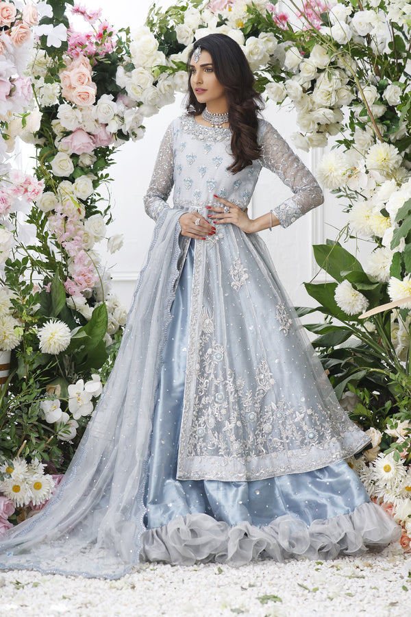 Wahajmkhan | Eden wedding Formals | ICE BLUE ANARKALI WITH FRILL LENGA - Pakistani Clothes for women, in United Kingdom and United States