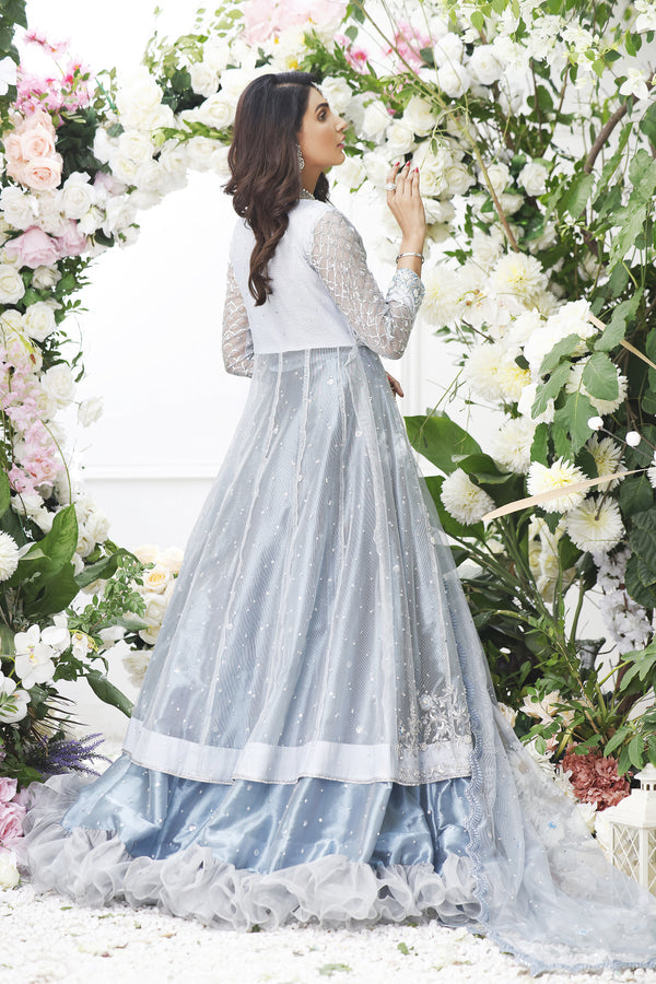 Wahajmkhan | Eden wedding Formals | ICE BLUE ANARKALI WITH FRILL LENGA - Pakistani Clothes for women, in United Kingdom and United States