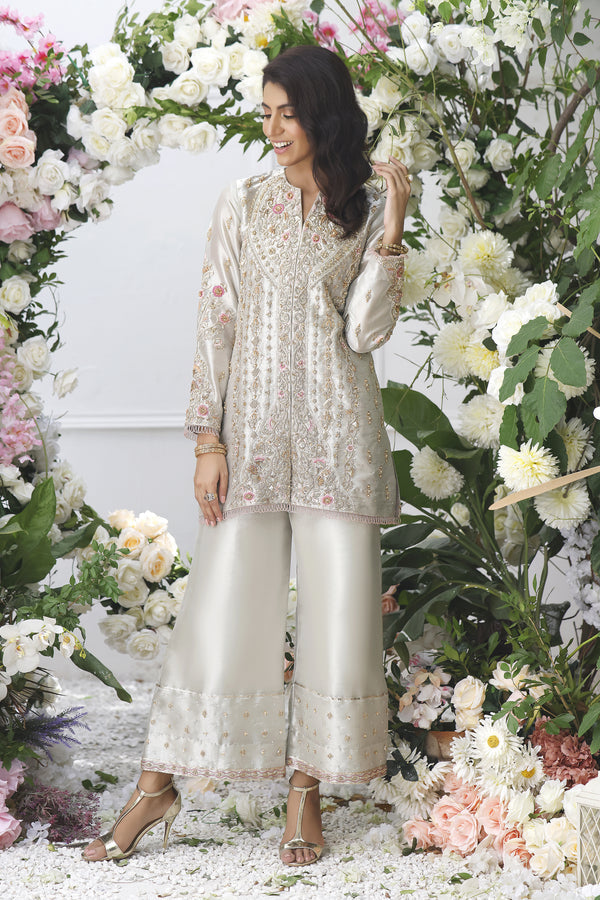 Wahajmkhan | Eden wedding Formals | SILVER SHORT JACKET - Pakistani Clothes for women, in United Kingdom and United States