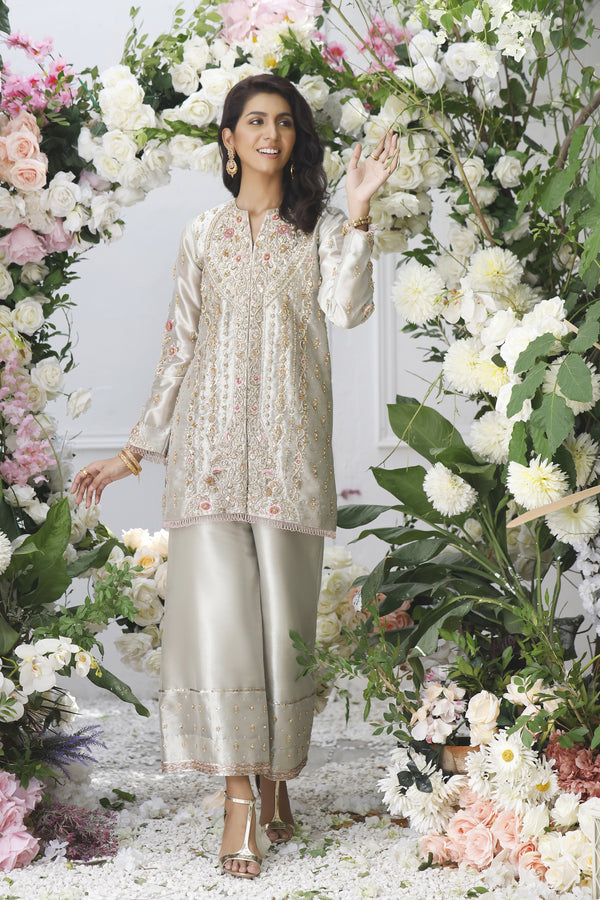 Wahajmkhan | Eden wedding Formals | SILVER SHORT JACKET - Pakistani Clothes for women, in United Kingdom and United States