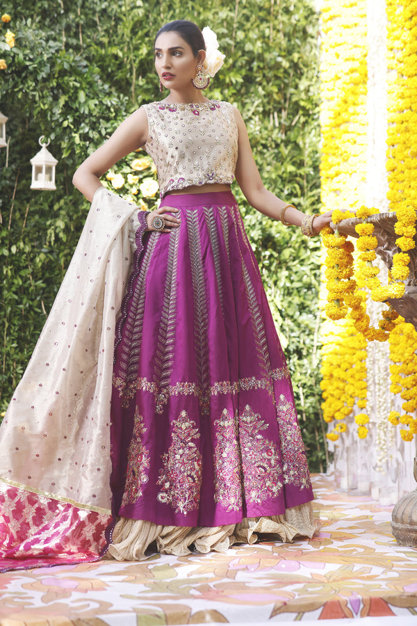 Wahajmbegum | Mehrunnisa Wedding Formals | PURPLE GOLD LEHNGA - Pakistani Clothes for women, in United Kingdom and United States