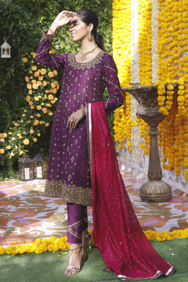 Wahajmbegum | Mehrunnisa Wedding Formals | PURPLE MAGENTA A-LINE OUTFIT - Pakistani Clothes for women, in United Kingdom and United States