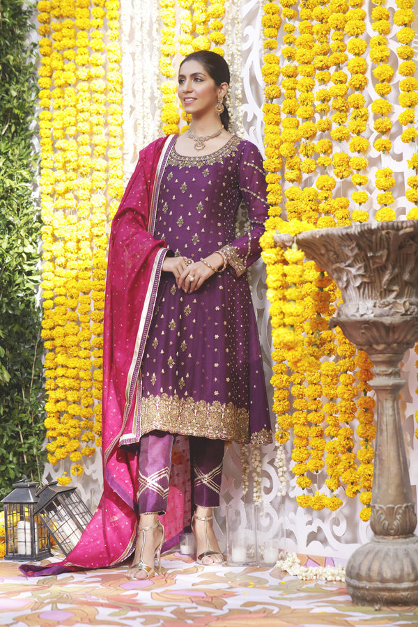 Wahajmbegum | Mehrunnisa Wedding Formals | PURPLE MAGENTA A-LINE OUTFIT - Pakistani Clothes for women, in United Kingdom and United States