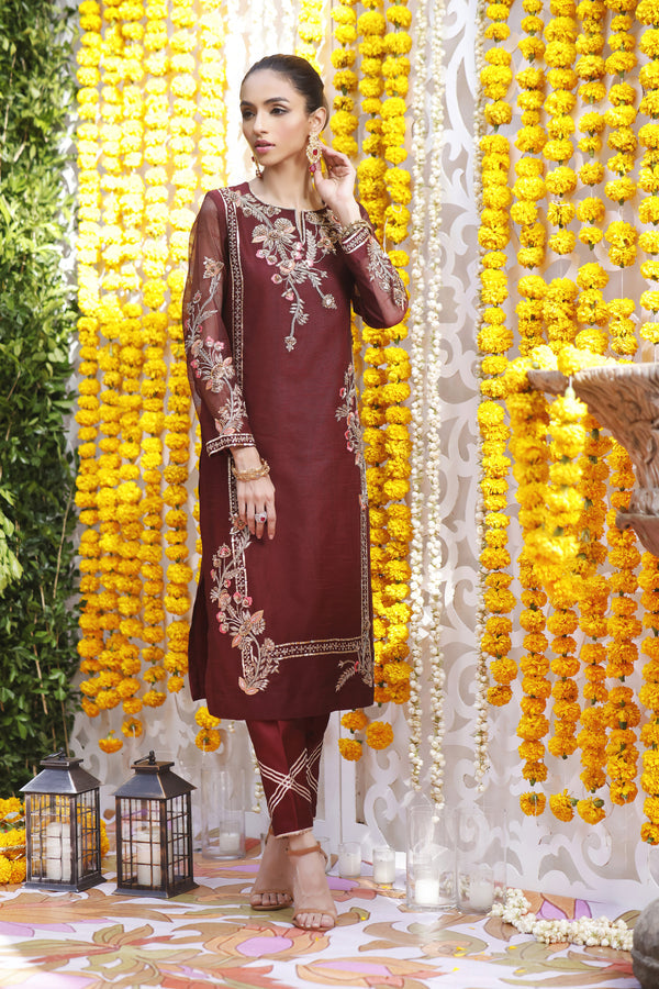 Wahajmbegum | Mehrunnisa Wedding Formals | MAROON BOX SHIRT OUTFIT - Pakistani Clothes for women, in United Kingdom and United States