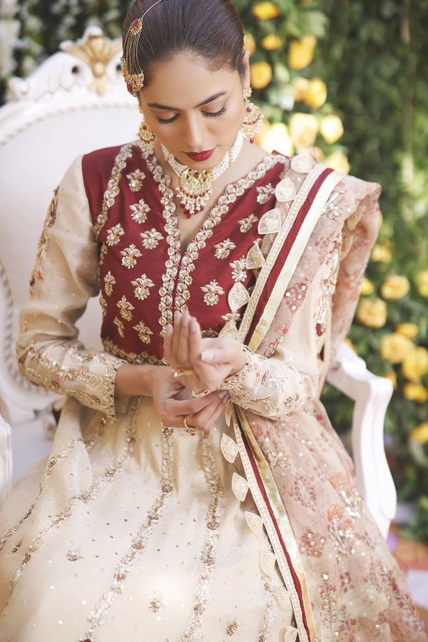 Wahajmbegum | Mehrunnisa Wedding Formals | MAROON IVORY ANARKALI - Pakistani Clothes for women, in United Kingdom and United States