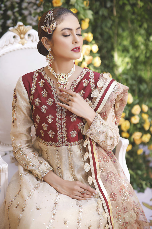 Wahajmbegum | Mehrunnisa Wedding Formals | MAROON IVORY ANARKALI - Pakistani Clothes for women, in United Kingdom and United States