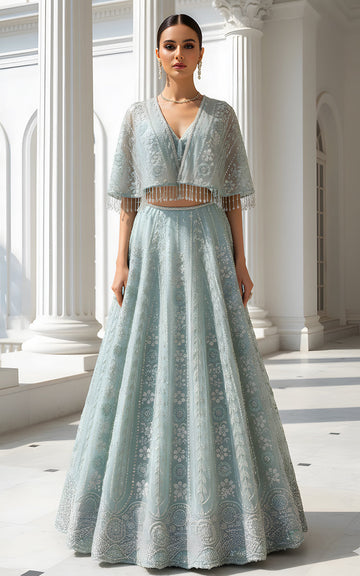 Threads and Motifs | Formal Dresses 25 | Net Embroidered Blouse With Cape And Lehenga