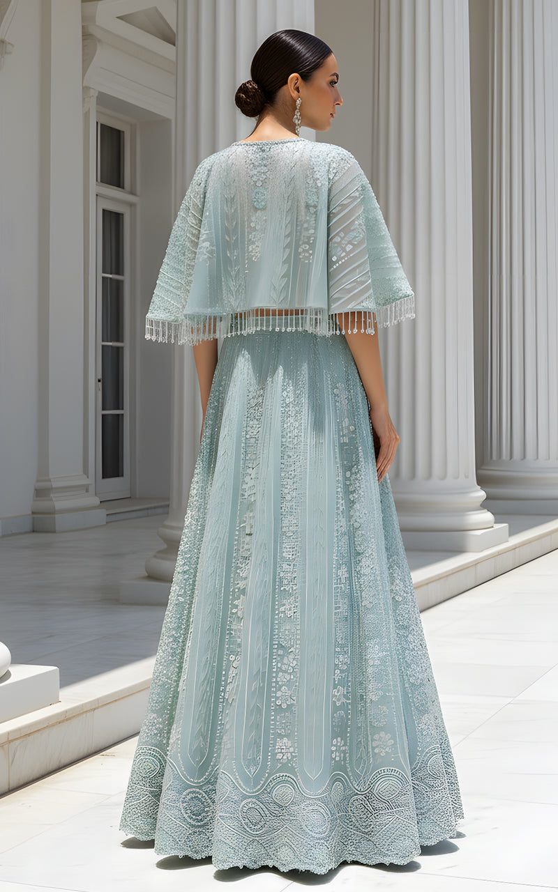 Threads and Motifs | Formal Dresses 25 | Net Embroidered Blouse With Cape And Lehenga