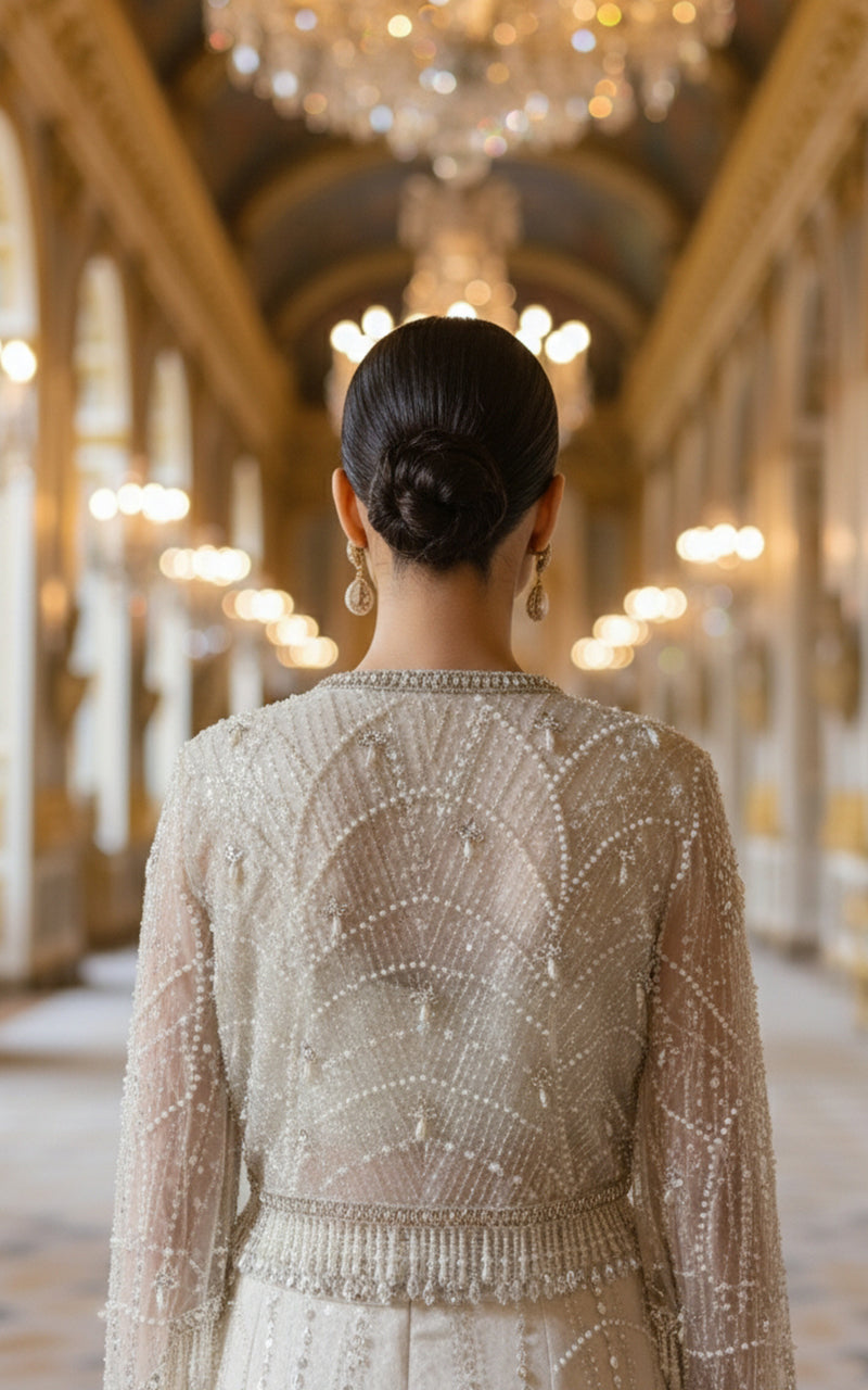 Threads and Motifs | Formal Dresses 25 | Net Embroidered Blouse With Cape And Skirt