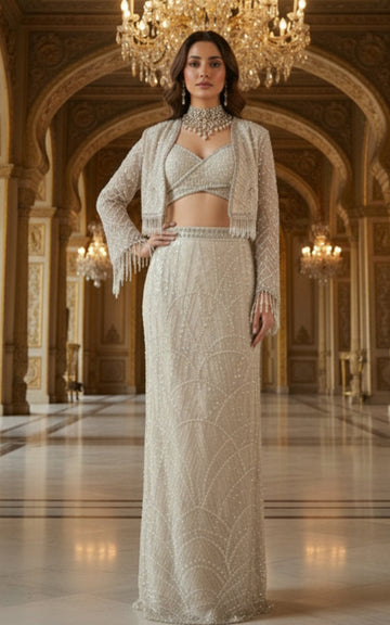 Threads and Motifs | Formal Dresses 25 | Net Embroidered Blouse With Cape And Skirt