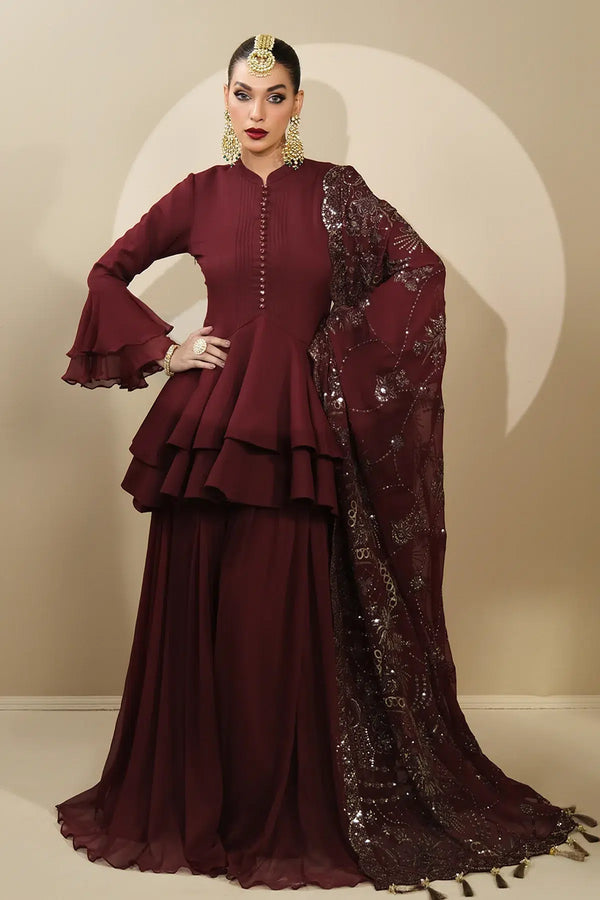 Alizeh | Formals Collection | Maroon Peplum 3 piece - RTW1014 - Hoorain Designer Wear - Pakistani Ladies Branded Stitched Clothes in United Kingdom, United states, CA and Australia