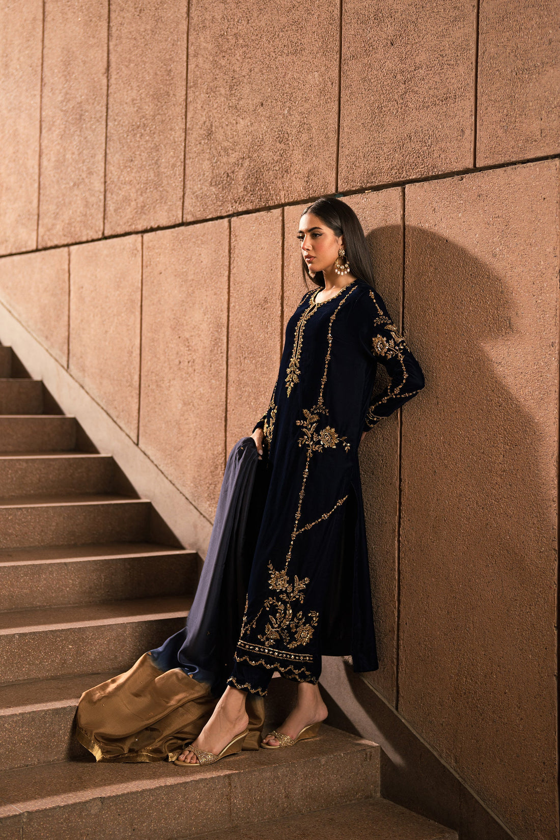 Ammara Khan | Rendezvous Velvet | Blue and Bronze Gold Velvet Set (D-12)