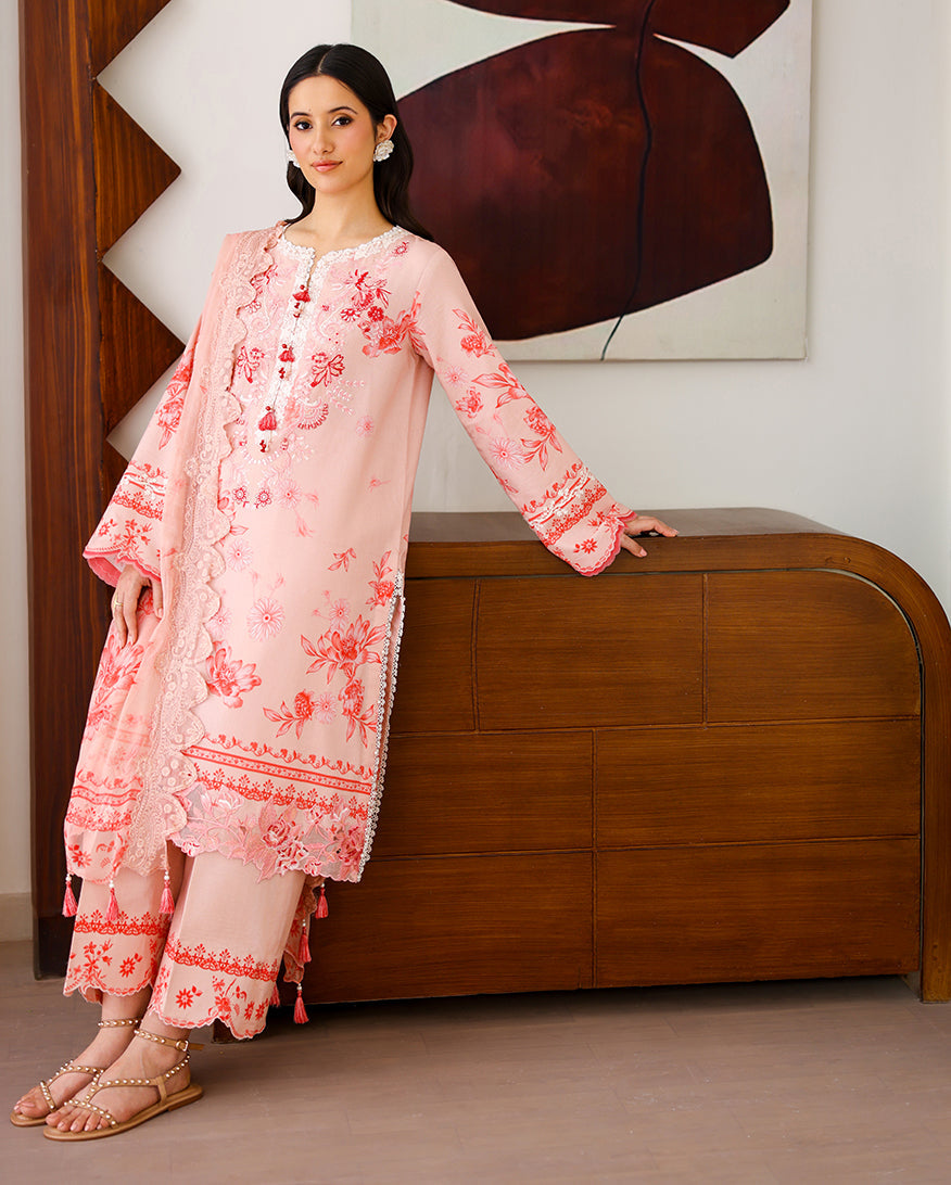 Roheenaz | Sunlit Tales Printed Embroidered Edit | Coral whisper
