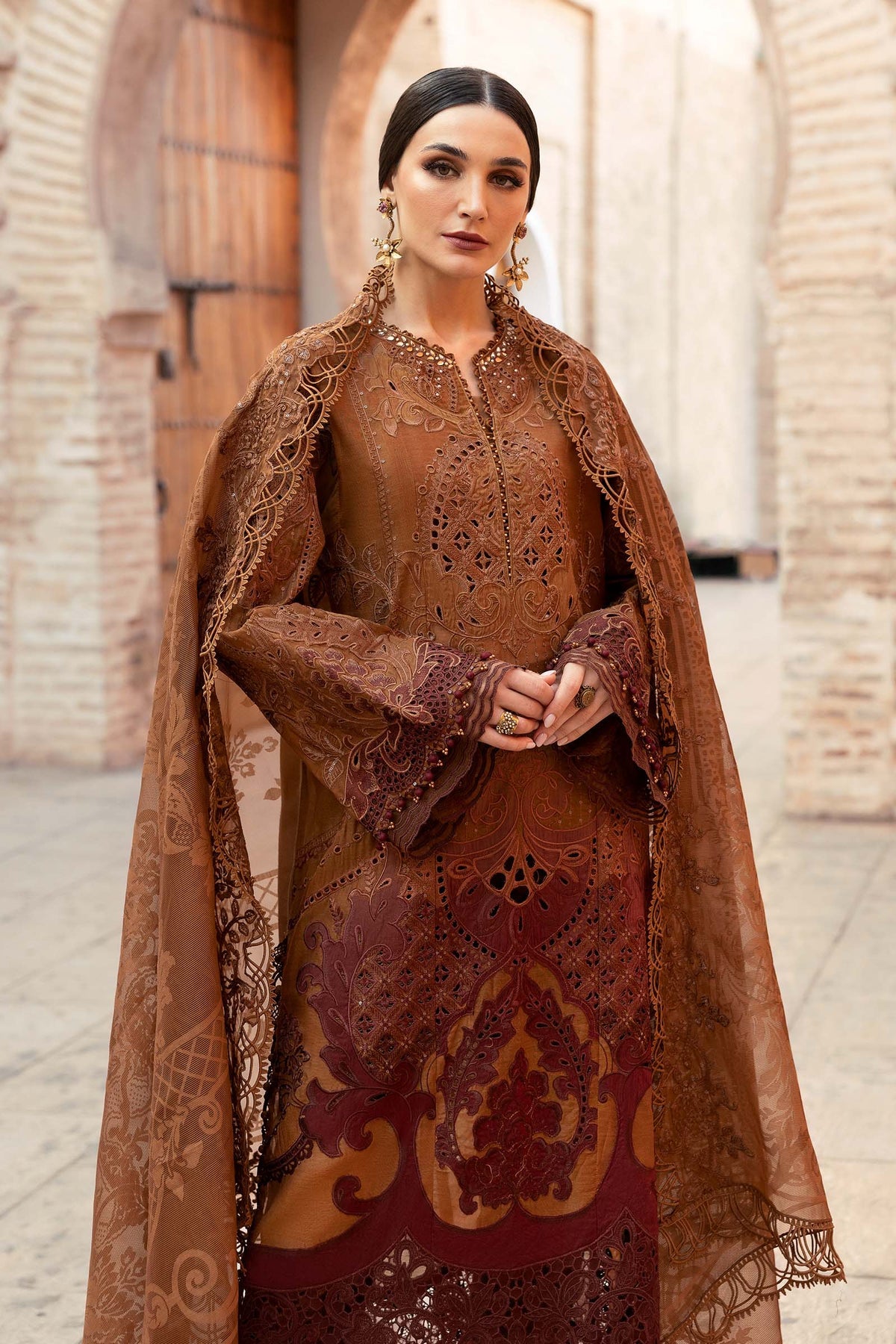 maria b brown dress Maria B Luxury Linen Pakistani Maxi Dress MAR129 - M - Brown