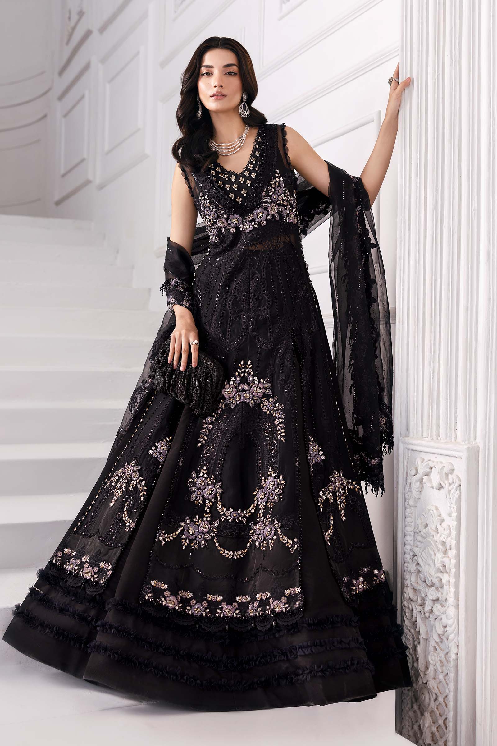 maria b black embroidered dress Maria B Unstitched 3 Piece Embroidered Velvet Suit MB23LN D11-Black & D & M COLLECTION AND NIZAMI JEWELRY