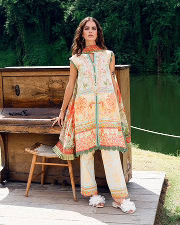 Roheenaz | Garden Veal Printed Lawn 25 | Gold Riddle