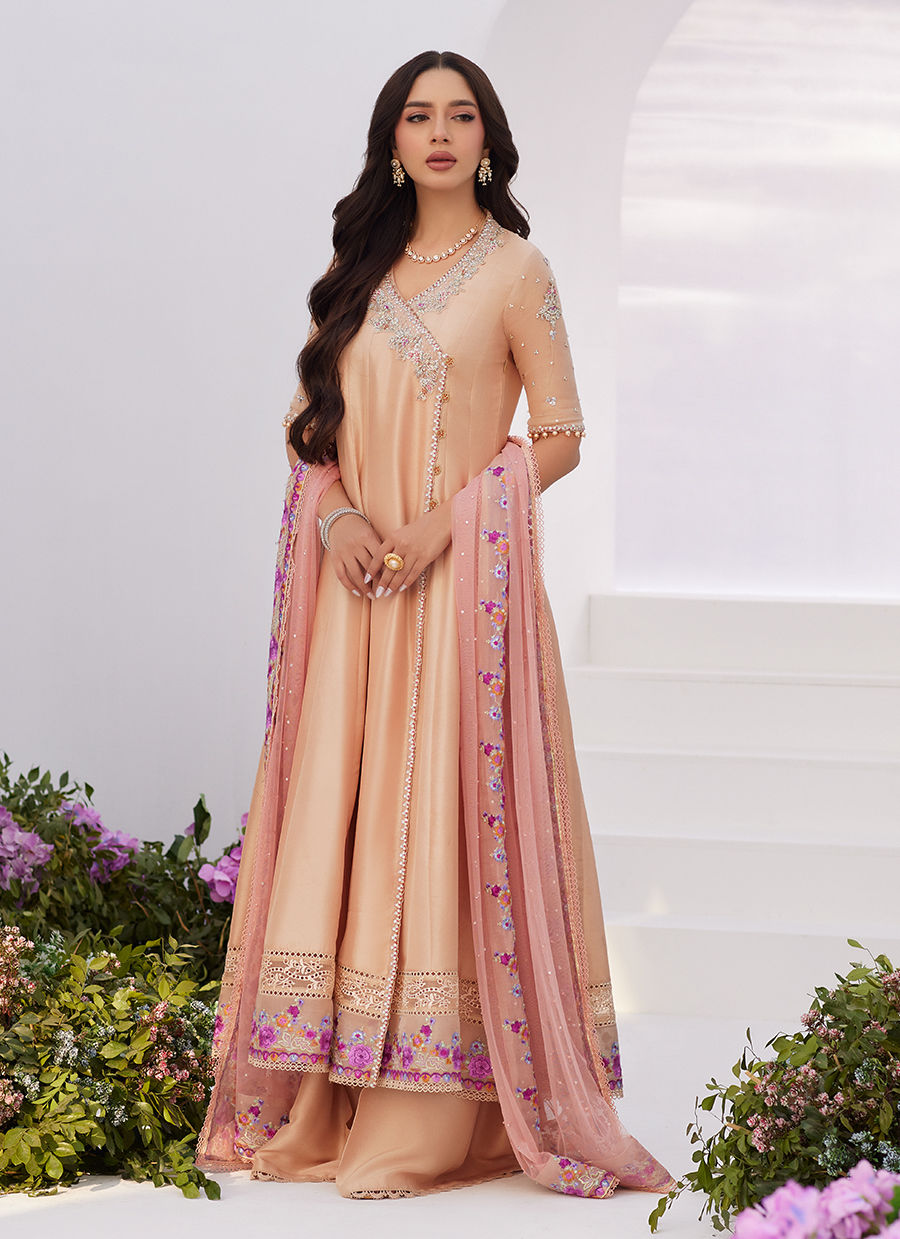 Farah Talib Aziz | Zaza Luxe Pret 24 | LISETTE FAWN EMBELLISHED RAW SILK ANGARKHA AND DUPATTA - Pakistani Clothes for women, in United Kingdom and United States