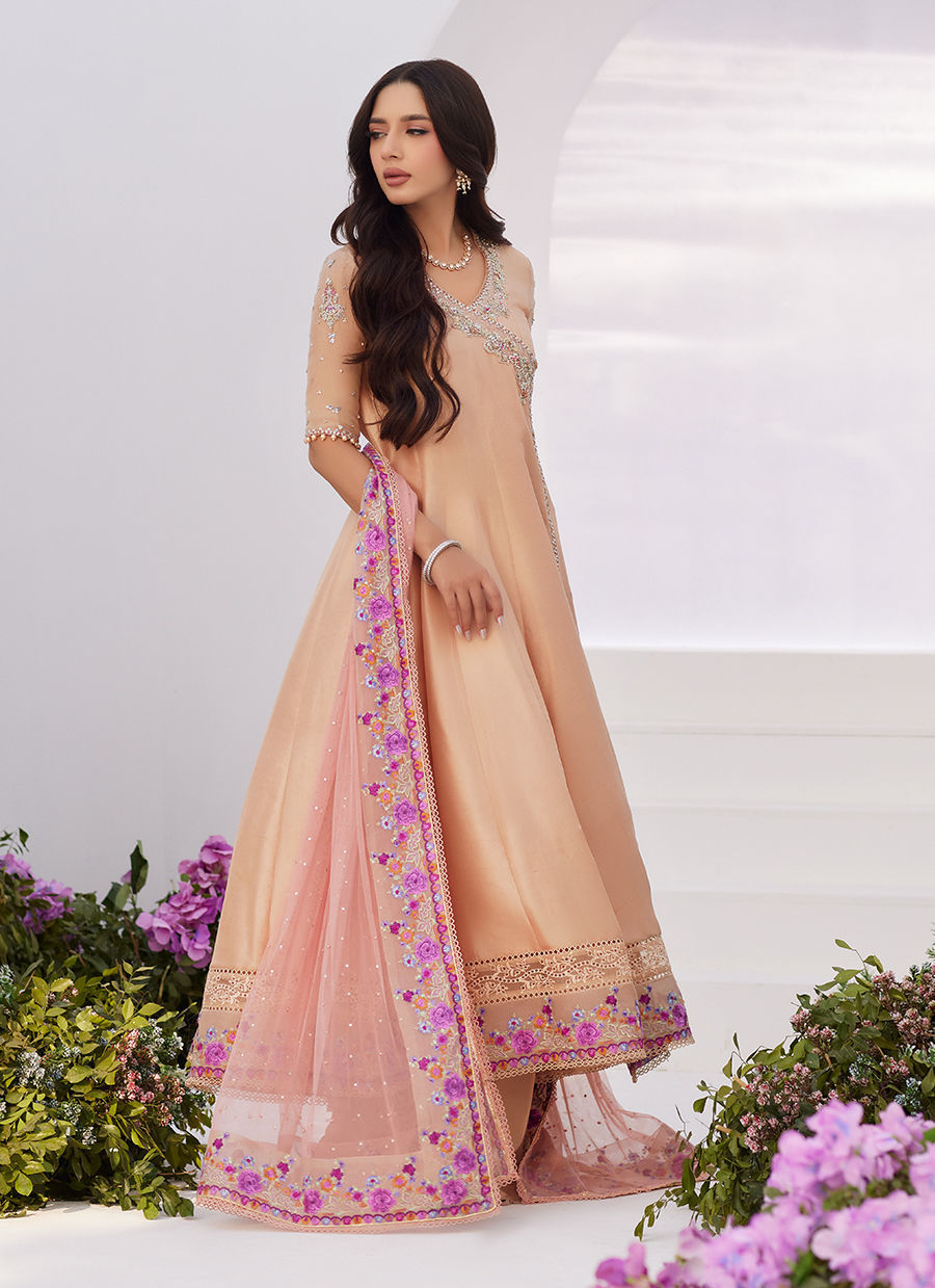 Farah Talib Aziz | Zaza Luxe Pret 24 | LISETTE FAWN EMBELLISHED RAW SILK ANGARKHA AND DUPATTA - Pakistani Clothes for women, in United Kingdom and United States