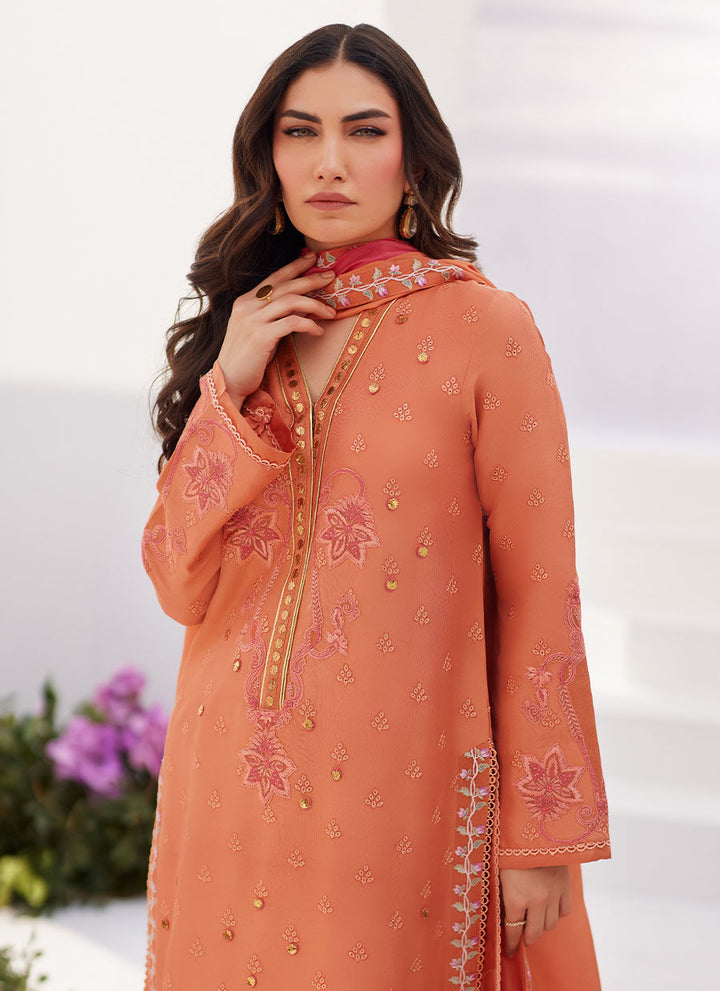 Farah Talib Aziz | Zaza Luxe Pret 24 | ELYNA CORAL EMBROIDERED RAW SILK SHIRT AND DUPATTA - Hoorain Designer Wear - Pakistani Ladies Branded Stitched Clothes in United Kingdom, United states, CA and Australia