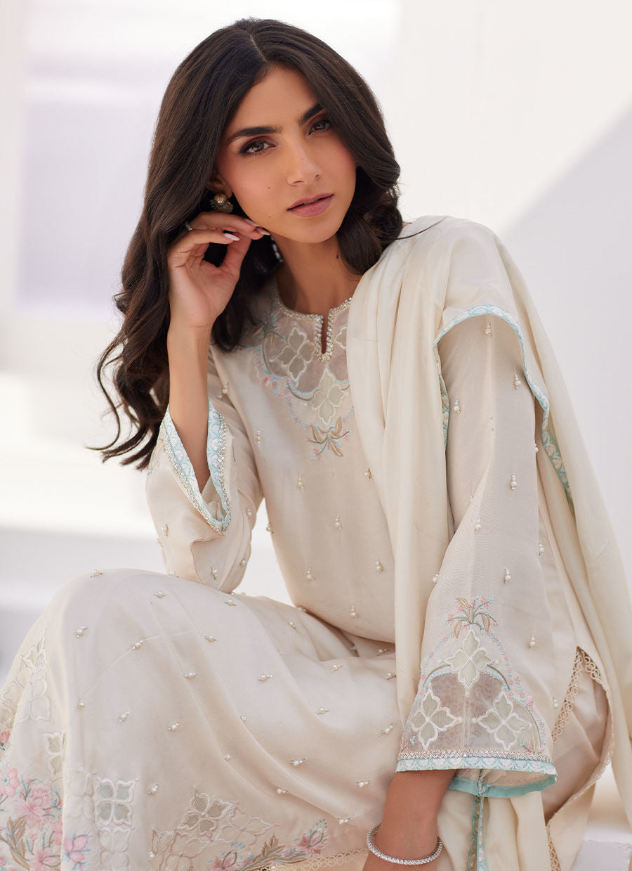 Farah Talib Aziz | Zaza Luxe Pret 24 | LYA IVORY EMBELLISHED RAW SILK SHIRT AND DUPATTA - Pakistani Clothes for women, in United Kingdom and United States