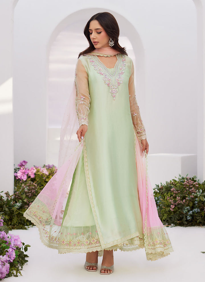 Farah Talib Aziz | Zaza Luxe Pret 24 | COLLETTE MINT OMBRE EMBELLISHED COLUMN SHIRT WITH KALIDAAR WITH EMBROIDERED SLIP - Hoorain Designer Wear - Pakistani Ladies Branded Stitched Clothes in United Kingdom, United states, CA and Australia