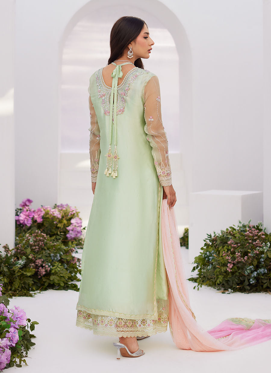 Farah Talib Aziz | Zaza Luxe Pret 24 | COLLETTE MINT OMBRE EMBELLISHED COLUMN SHIRT WITH KALIDAAR WITH EMBROIDERED SLIP - Pakistani Clothes for women, in United Kingdom and United States