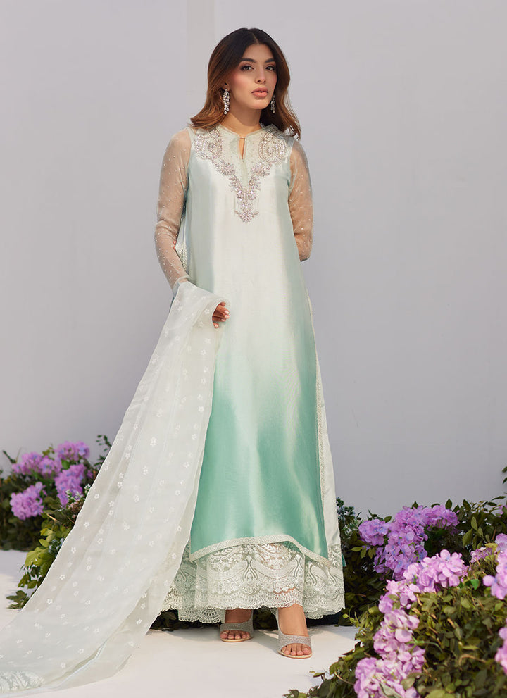 Farah Talib Aziz | Zaza Luxe Pret 24 | SOLENE AQUA OMBRE EMBELLISHED COLUMN SHIRT WITH EMBROIDERED KALIDAAR SLIP - Hoorain Designer Wear - Pakistani Ladies Branded Stitched Clothes in United Kingdom, United states, CA and Australia