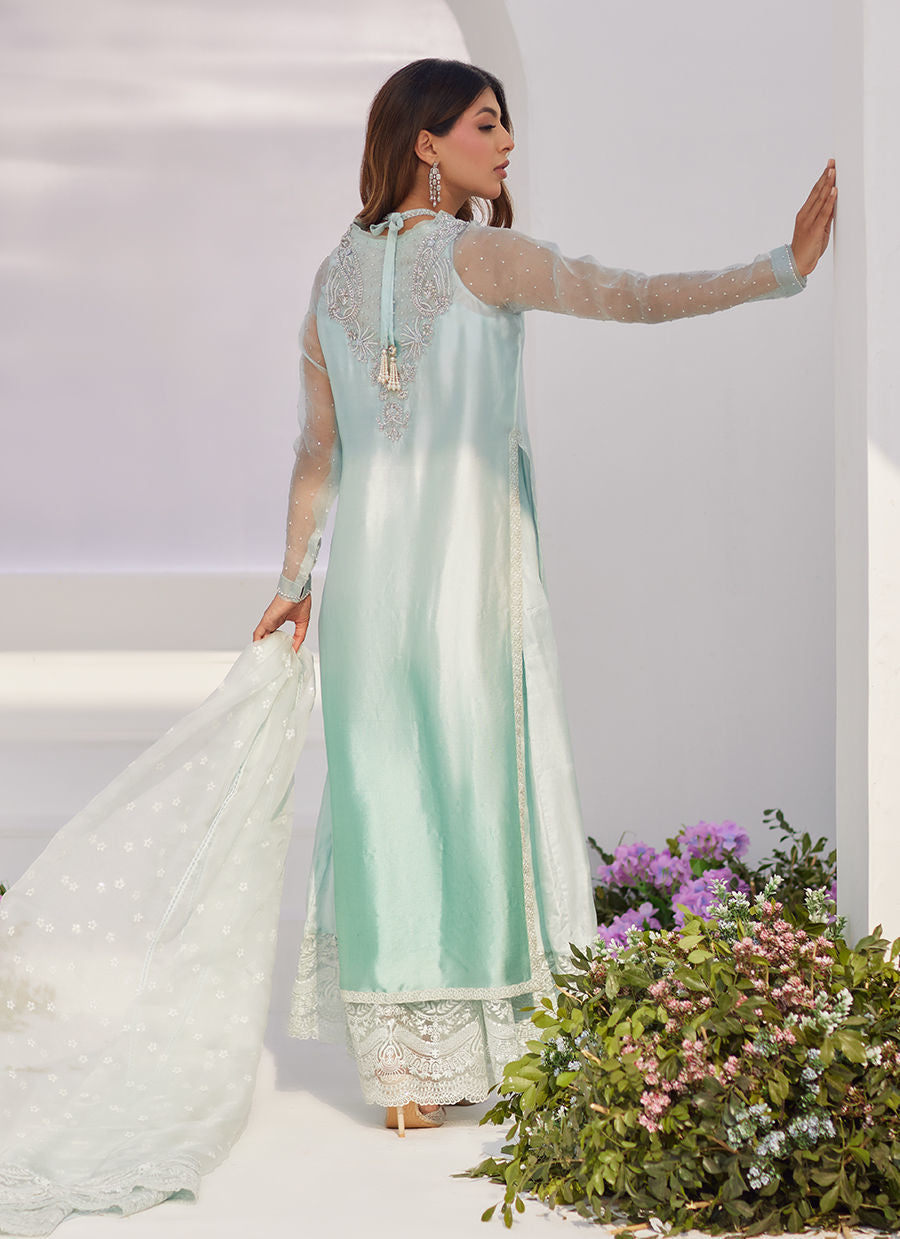 Farah Talib Aziz | Zaza Luxe Pret 24 | SOLENE AQUA OMBRE EMBELLISHED COLUMN SHIRT WITH EMBROIDERED KALIDAAR SLIP - Pakistani Clothes for women, in United Kingdom and United States