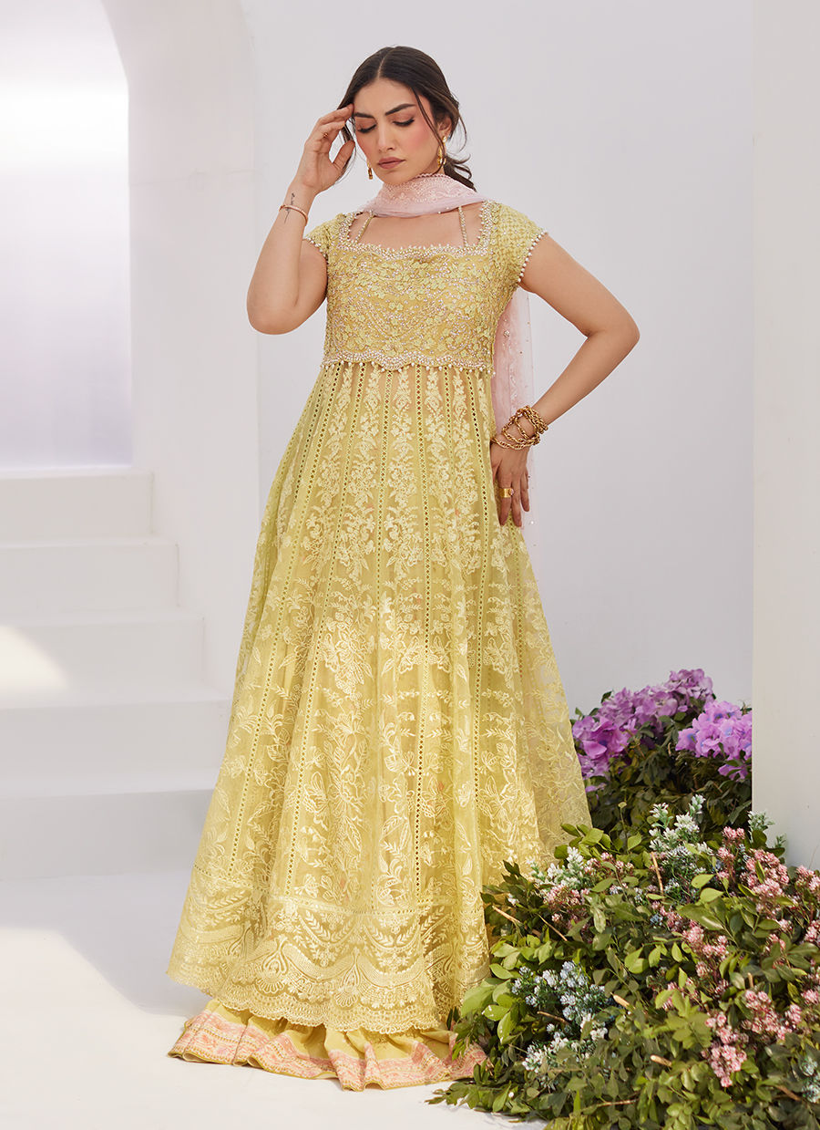 Farah Talib Aziz | Zaza Luxe Pret 24 | REINE KIWI EMBROIDERED EMBELLISHED KALIDAAR - Pakistani Clothes for women, in United Kingdom and United States