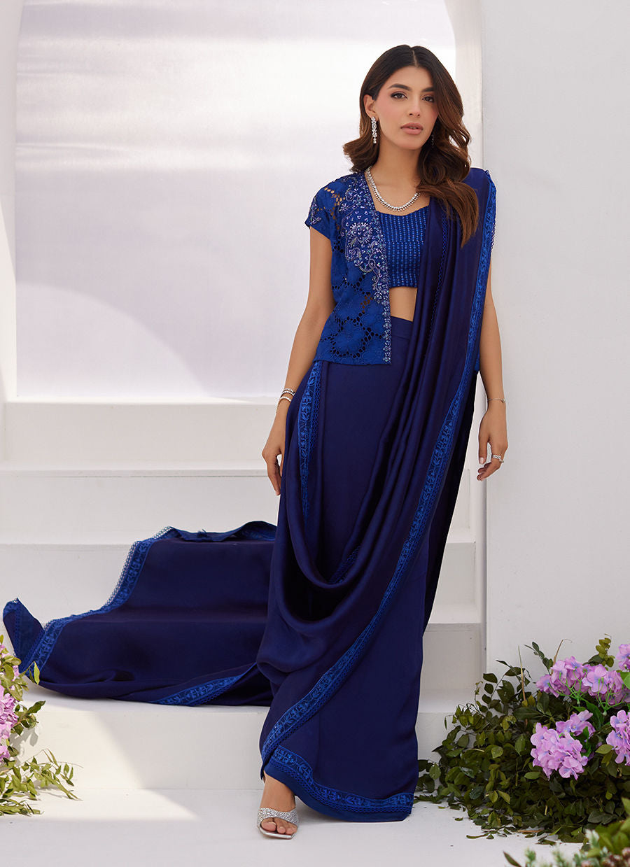 Farah Talib Aziz | Zaza Luxe Pret 24 | OCEAN NAVY DRAPED SAREE WITH CUTWORK EMBELLISHED CAPE - Pakistani Clothes for women, in United Kingdom and United States