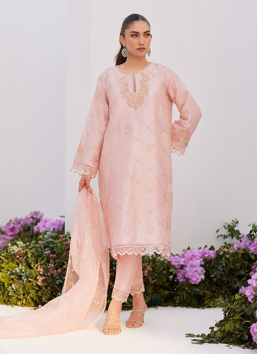 Farah Talib Aziz | Zaza Luxe Pret 24 | BEBE BLUSH PINK EMBELLISHED RAW SILK KURTA SHIRT AND DUPATTA - Pakistani Clothes for women, in United Kingdom and United States