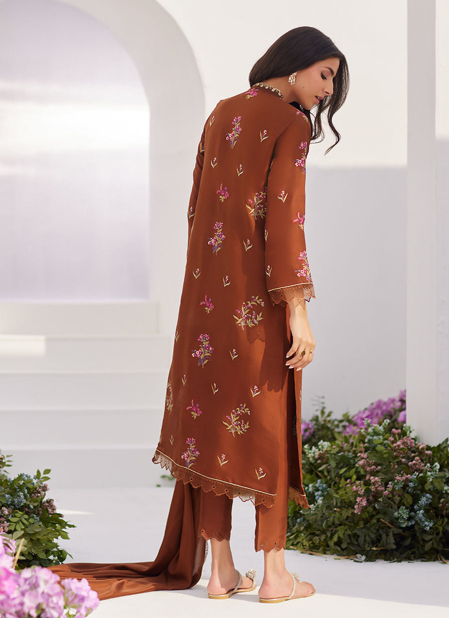 Farah Talib Aziz | Zaza Luxe Pret 24 | NOEMIE CHOCOLATE EMBROIDERED RAW SILK SHIRT AND DUPATTA - Pakistani Clothes for women, in United Kingdom and United States