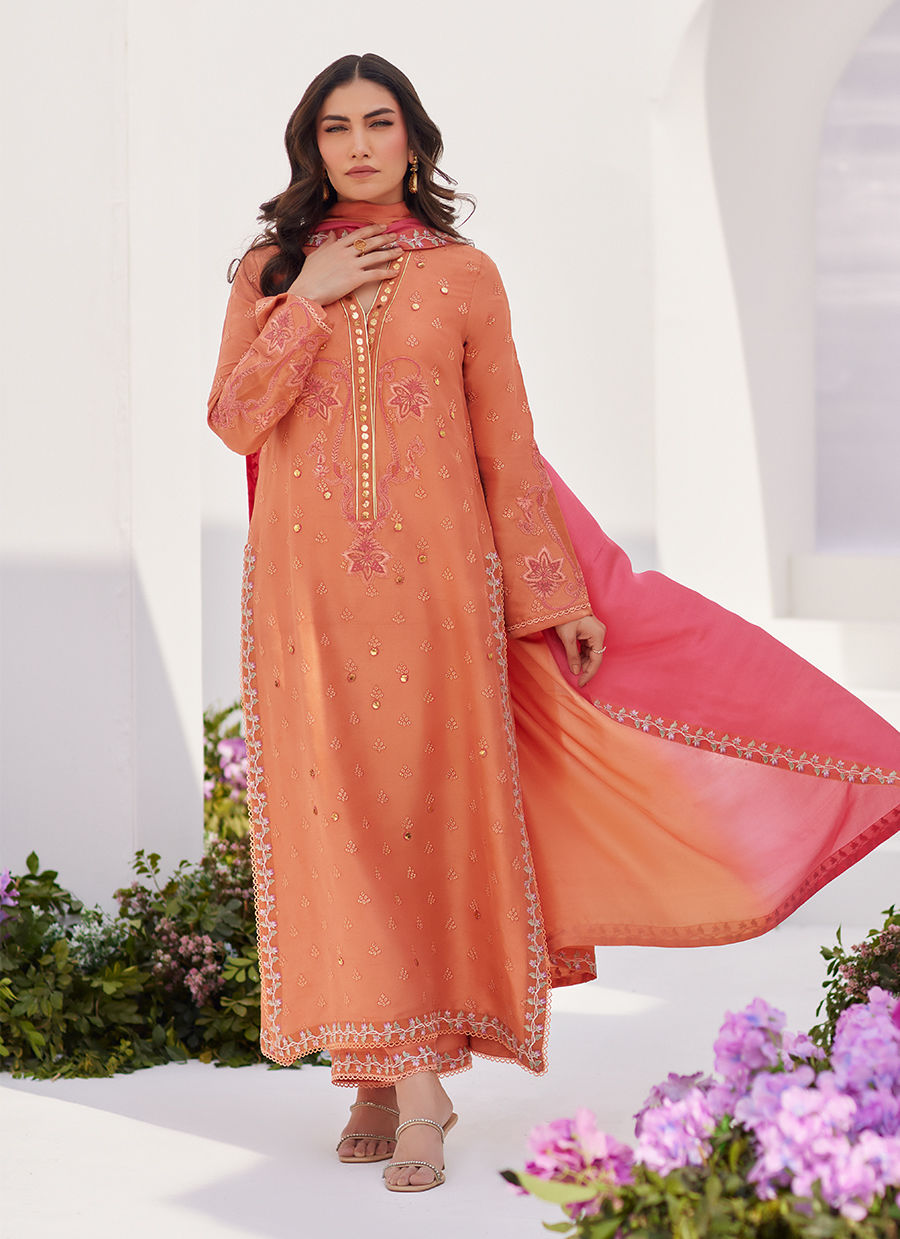 Farah Talib Aziz | Zaza Luxe Pret 24 | ELYNA CORAL EMBROIDERED RAW SILK SHIRT AND DUPATTA - Pakistani Clothes for women, in United Kingdom and United States