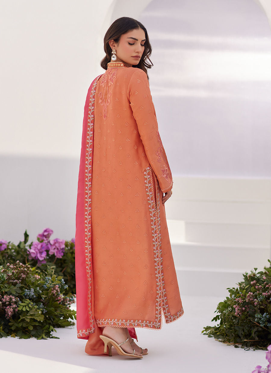 Farah Talib Aziz | Zaza Luxe Pret 24 | ELYNA CORAL EMBROIDERED RAW SILK SHIRT AND DUPATTA - Pakistani Clothes for women, in United Kingdom and United States