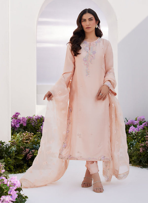 Farah Talib Aziz | Zaza Luxe Pret 24 | ELEA PEACH EMBROIDERED RAW SILK SHIRT AND DUPATTA - Hoorain Designer Wear - Pakistani Ladies Branded Stitched Clothes in United Kingdom, United states, CA and Australia