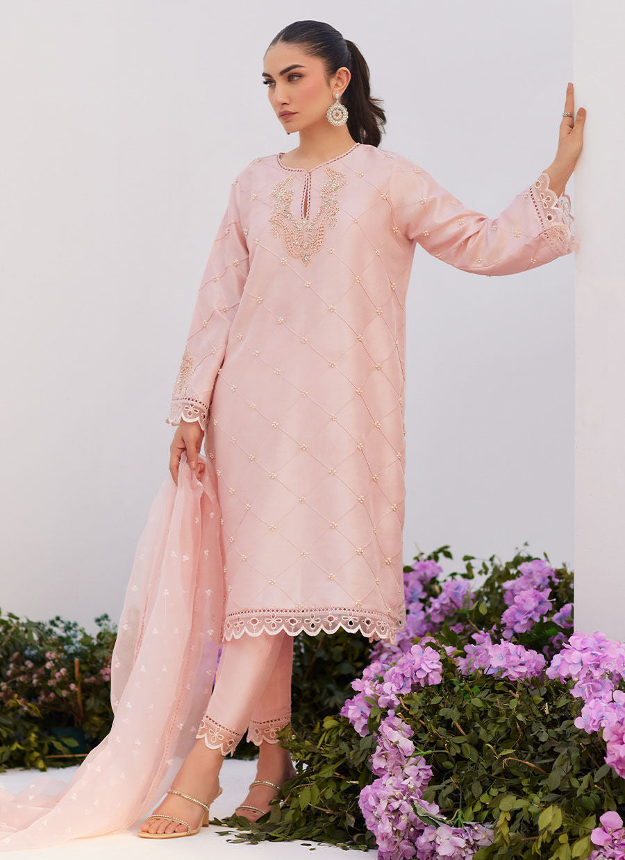 Farah Talib Aziz | Zaza Luxe Pret 24 | BEBE BLUSH PINK EMBELLISHED RAW SILK KURTA SHIRT AND DUPATTA - Pakistani Clothes for women, in United Kingdom and United States