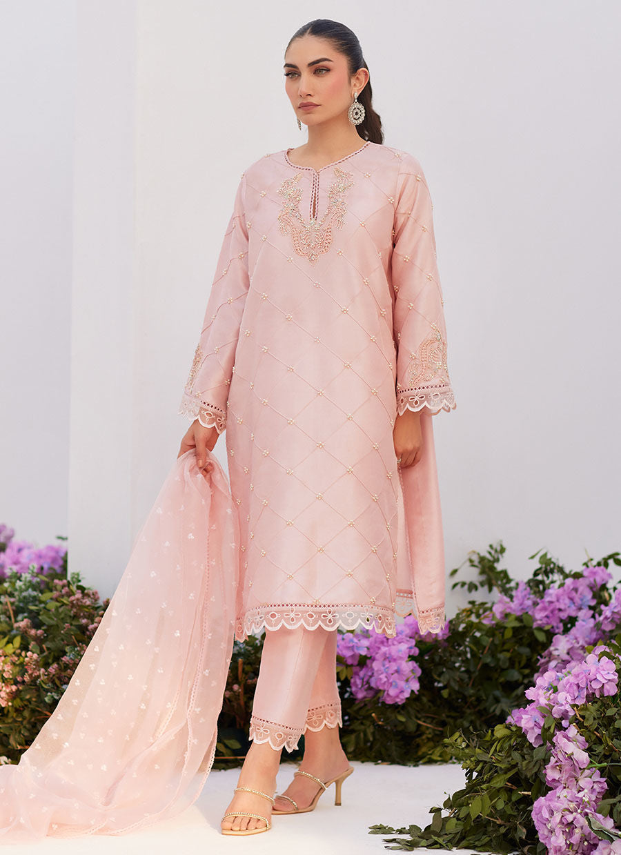 Farah Talib Aziz | Zaza Luxe Pret 24 | BEBE BLUSH PINK EMBELLISHED RAW SILK KURTA SHIRT AND DUPATTA - Pakistani Clothes for women, in United Kingdom and United States