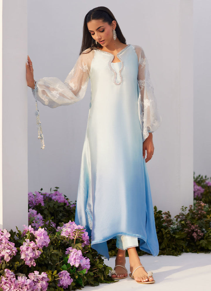 Farah Talib Aziz | Zaza Luxe Pret 24 |  BOW OMBRE BLUE EMBELLISHED KAFTAN CUT SHIRT - Hoorain Designer Wear - Pakistani Ladies Branded Stitched Clothes in United Kingdom, United states, CA and Australia