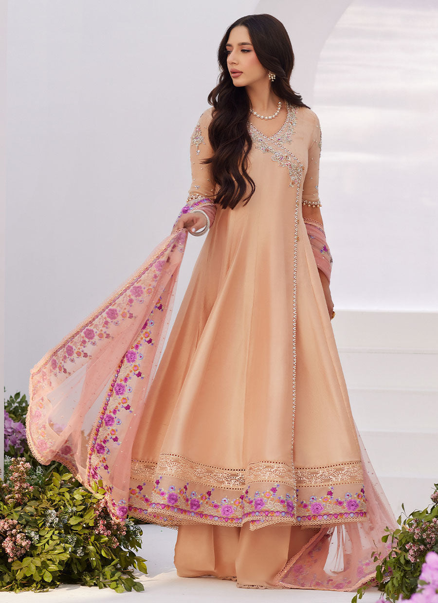 Farah Talib Aziz | Zaza Luxe Pret 24 | LISETTE FAWN EMBELLISHED RAW SILK ANGARKHA AND DUPATTA - Pakistani Clothes for women, in United Kingdom and United States