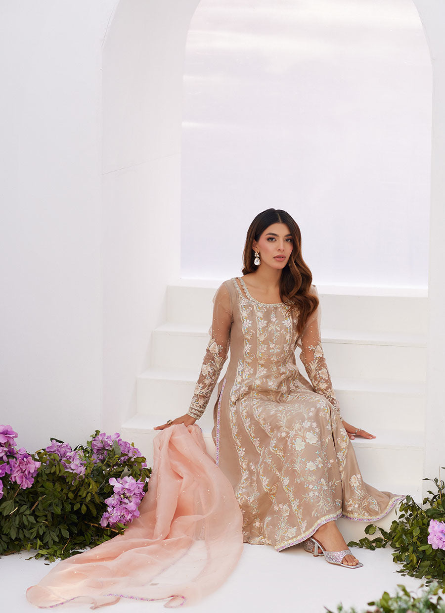 Farah Talib Aziz | Zaza Luxe Pret 24 | CHARLENE SAND EMBROIDERED KALIDAAR WITH DUPATTA - Pakistani Clothes for women, in United Kingdom and United States