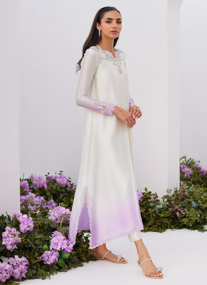 Farah Talib Aziz | Zaza Luxe Pret 24 | LIQUE SILVER OMBRE EMBELLISHED KAFTAAN CUT SHIRT - Hoorain Designer Wear - Pakistani Ladies Branded Stitched Clothes in United Kingdom, United states, CA and Australia