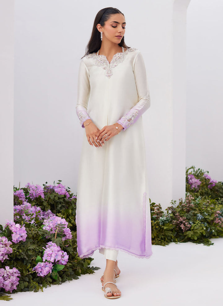 Farah Talib Aziz | Zaza Luxe Pret 24 | LIQUE SILVER OMBRE EMBELLISHED KAFTAAN CUT SHIRT - Hoorain Designer Wear - Pakistani Ladies Branded Stitched Clothes in United Kingdom, United states, CA and Australia