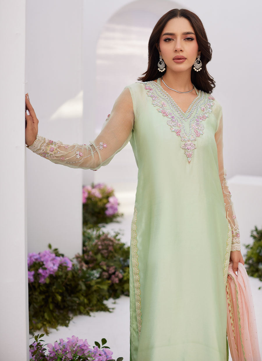 Farah Talib Aziz | Zaza Luxe Pret 24 | COLLETTE MINT OMBRE EMBELLISHED COLUMN SHIRT WITH KALIDAAR WITH EMBROIDERED SLIP - Pakistani Clothes for women, in United Kingdom and United States