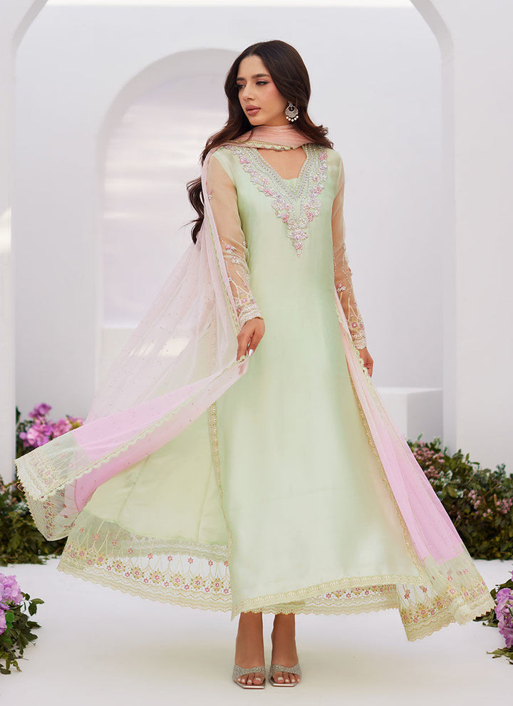 Farah Talib Aziz | Zaza Luxe Pret 24 | COLLETTE MINT OMBRE EMBELLISHED COLUMN SHIRT WITH KALIDAAR WITH EMBROIDERED SLIP - Hoorain Designer Wear - Pakistani Ladies Branded Stitched Clothes in United Kingdom, United states, CA and Australia