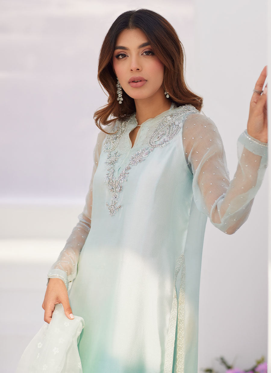 Farah Talib Aziz | Zaza Luxe Pret 24 | SOLENE AQUA OMBRE EMBELLISHED COLUMN SHIRT WITH EMBROIDERED KALIDAAR SLIP - Pakistani Clothes for women, in United Kingdom and United States