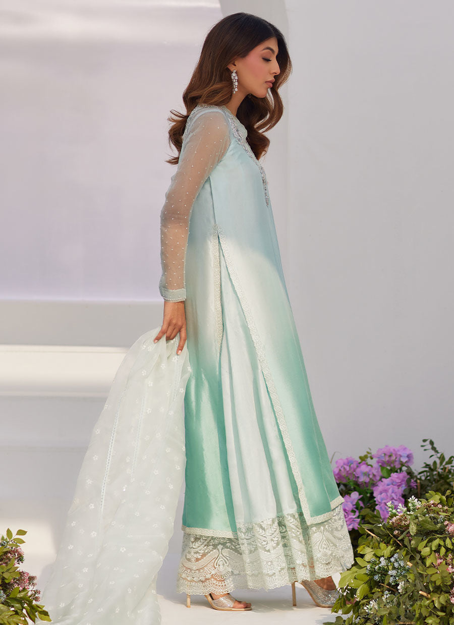 Farah Talib Aziz | Zaza Luxe Pret 24 | SOLENE AQUA OMBRE EMBELLISHED COLUMN SHIRT WITH EMBROIDERED KALIDAAR SLIP - Pakistani Clothes for women, in United Kingdom and United States